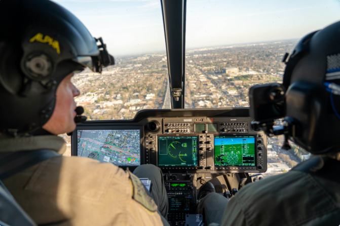 Cockpit view of Sacramento from police helicopter.